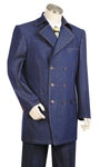 Stylish Trench Collar Double Breasted Stitch Accent Denim 3pc Zoot Suit Set - Navy