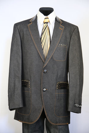 Faux Leather Accents Denim 2pc Zoot Suit Set