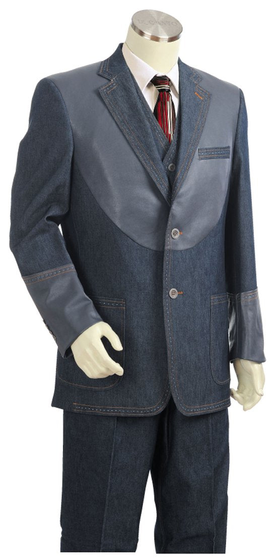 Faux Leather Centerpiece Denim 3pc Zoot Suit Set - Blue