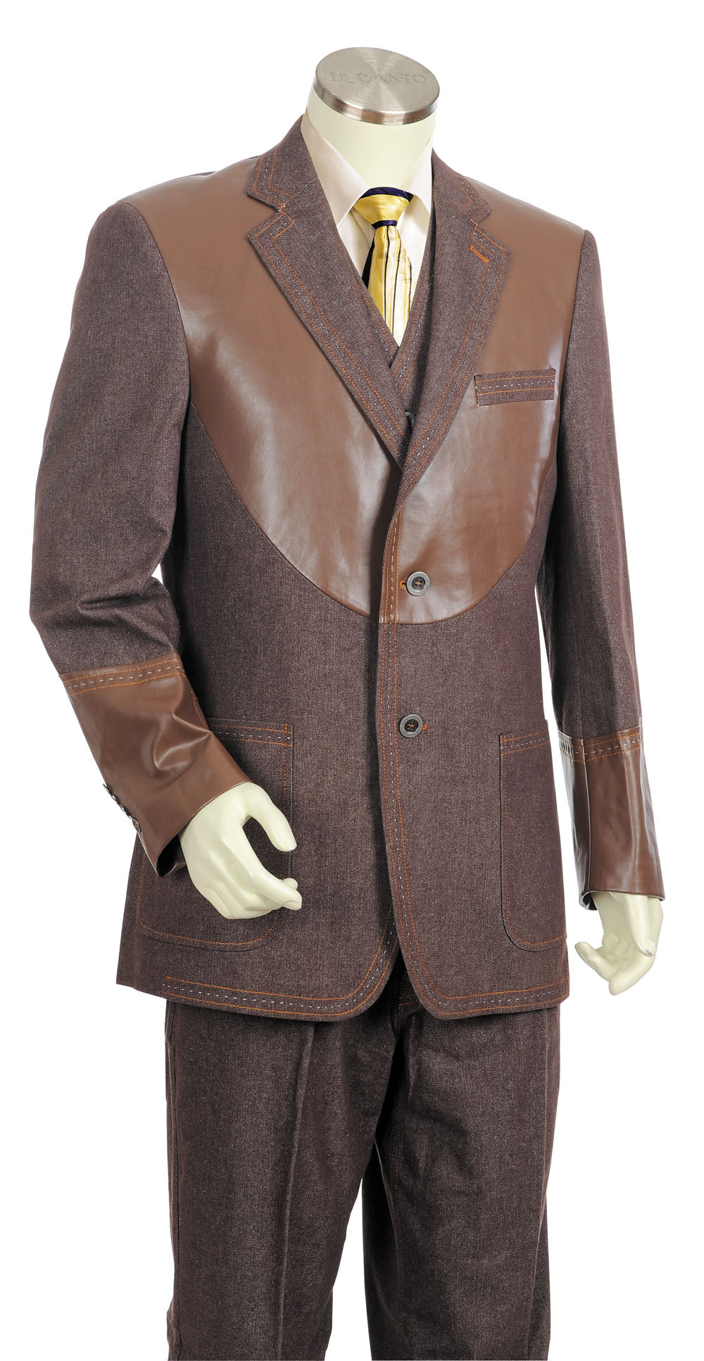 Faux Leather Centerpiece Denim 3pc Zoot Suit Set - Brown