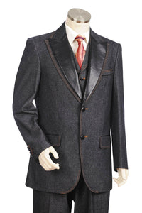 Faux Leather Lapel Denim 3pc Zoot Suit Set