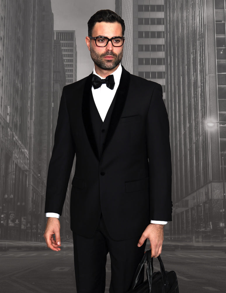 Contempo Contrast V-Neck  3pc Italian Suit Set - Black