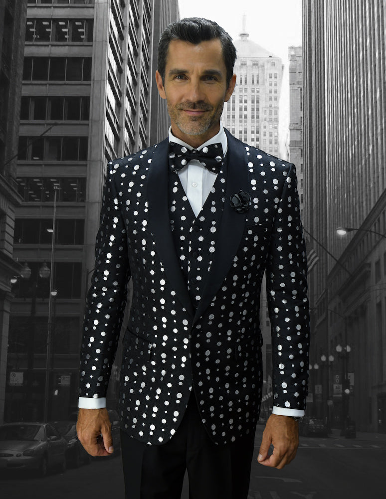Bellagio Polka Dots  3pc Italian  Suit Set - Black