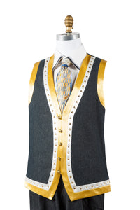 Designer Gold Lined Brass Accent Denim 2pc Zoot Suit Vest Set