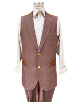 Faux Leather Accents Denim 2pc Zoot Suit Vest Set - Rust