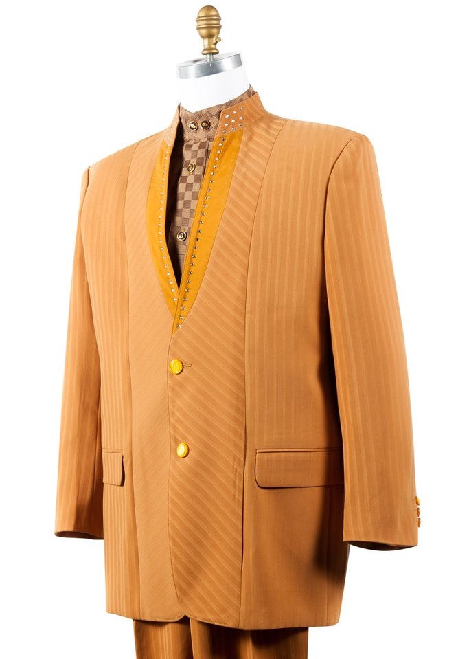 Mandarin Collar Rhinestone Accents Cross Striped 2pc  Zoot Suit Set - Chestnut