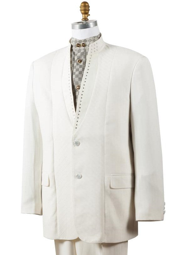 Mandarin Collar Rhinestone Accents Cross Striped  2pc  Zoot Suit Set - Off White
