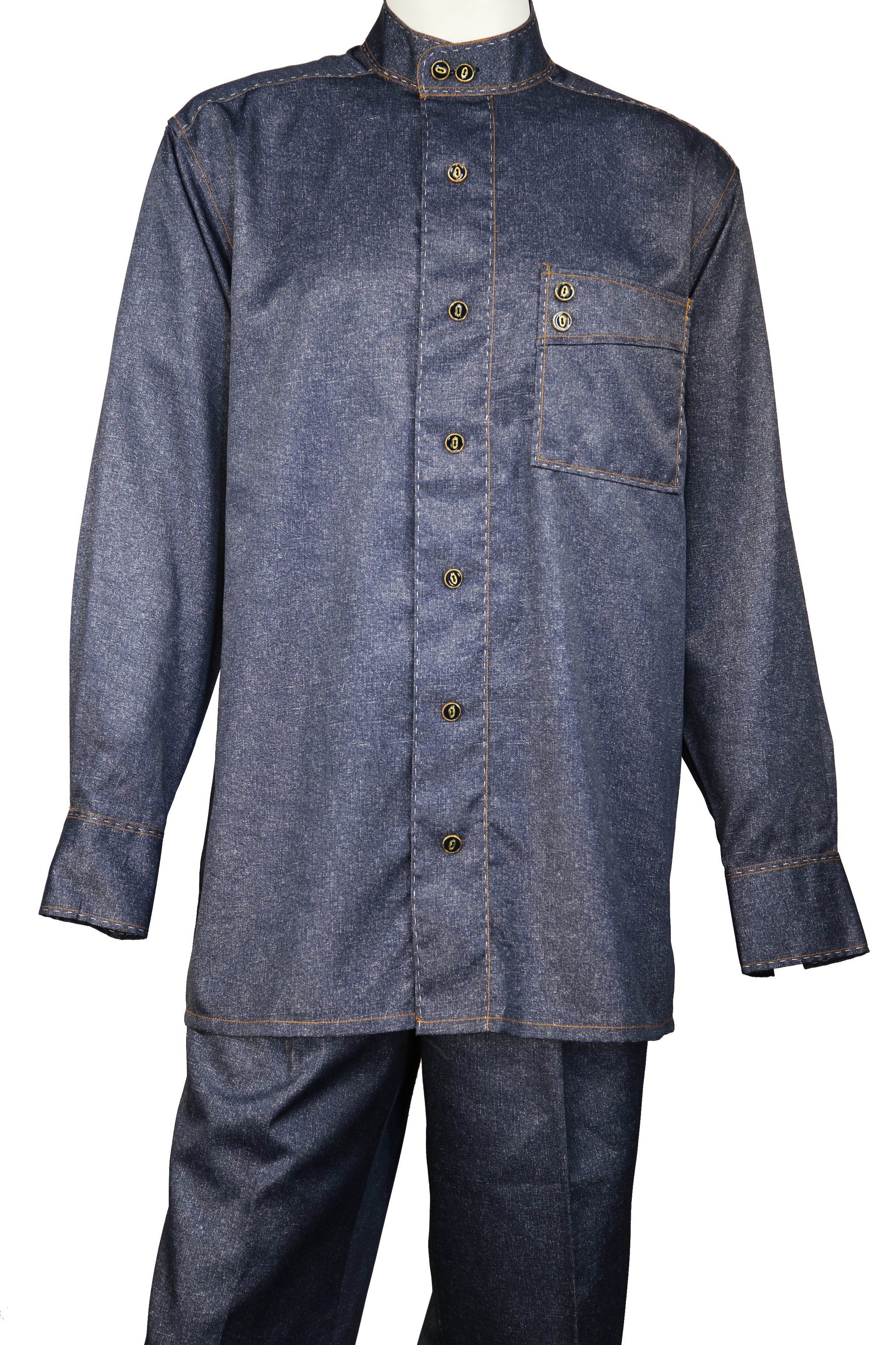 Sharkskin Mandarin Collar Long Sleeve 2pc Walking Suit Set - Navy