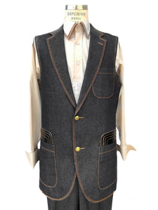 Faux Leather Accents Denim 2pc Zoot Suit Vest Set - Black