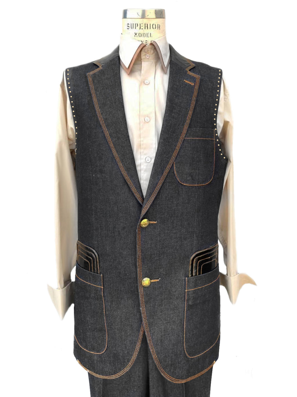 Faux Leather Brass Accents Denim 2pc Zoot Suit Vest Set - Black