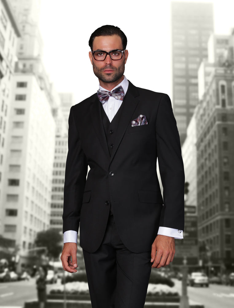 STATEMENT CAESAR BLACK 3PC TAILORED FIT TUXEDO SUIT WITH FLAT FRONT PANTS  INCLUDING MATCHING BOWTIE :: 1 BUTTON TUXEDO :: ITALSUIT