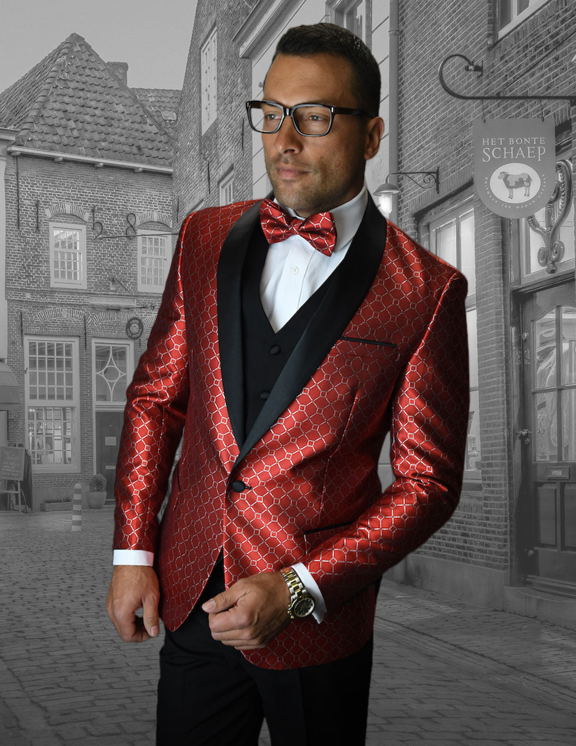 Bellagio Diamond Grid  3pc Italian Suit Set - Red