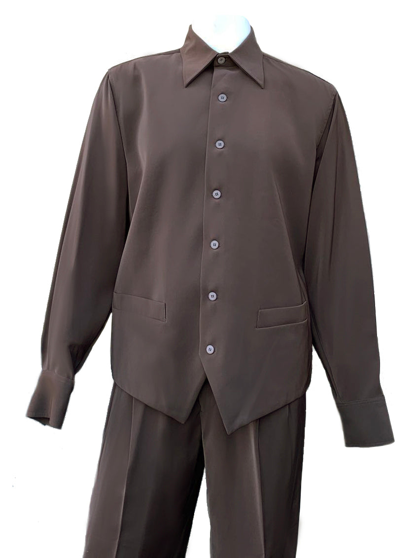 Monotone Vest Cut Long Sleeve 2pc Walking Suit Set - Brown