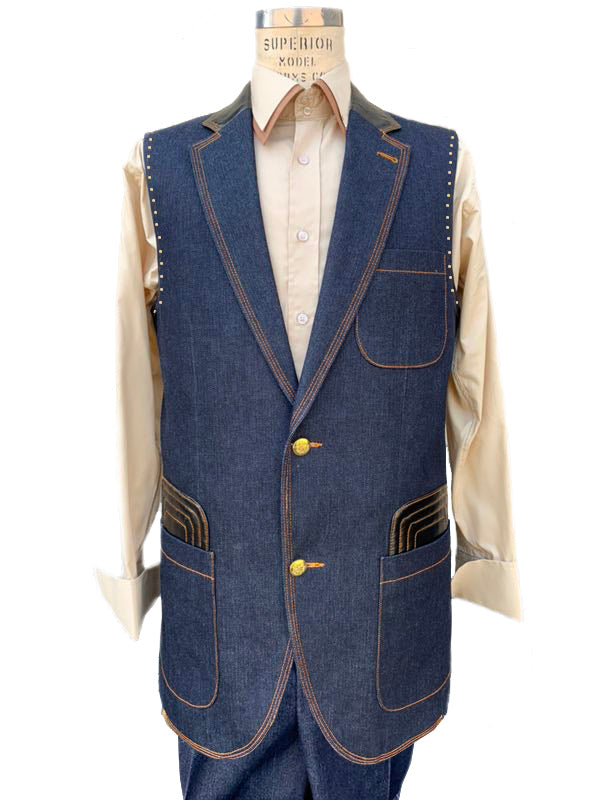 Faux Leather Brass Accents Denim 2pc Zoot Suit Vest Set - Navy