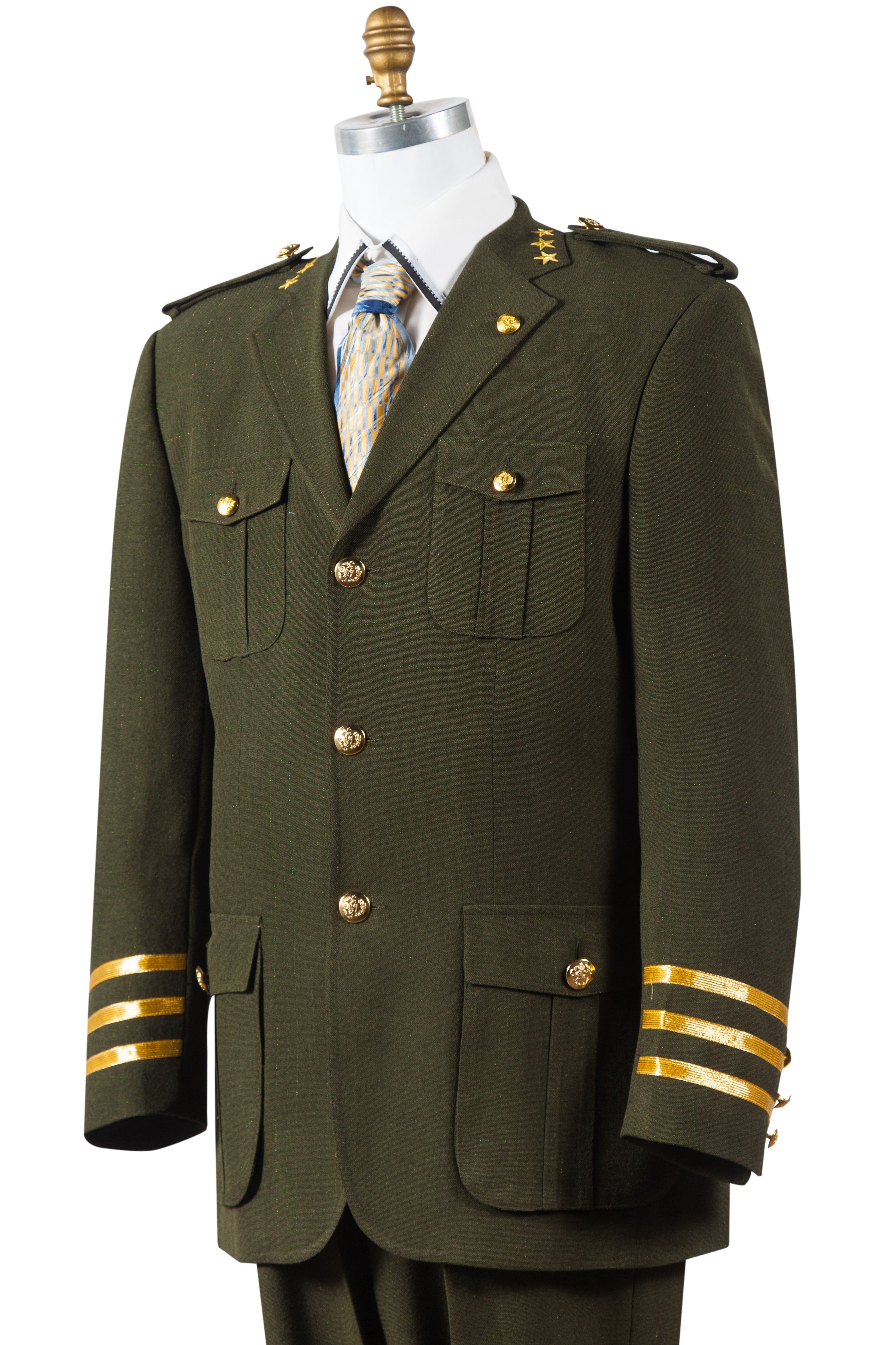 Military Style Tri-Stripe Cuff Wool 2pc Zoot Suit Set - Sage