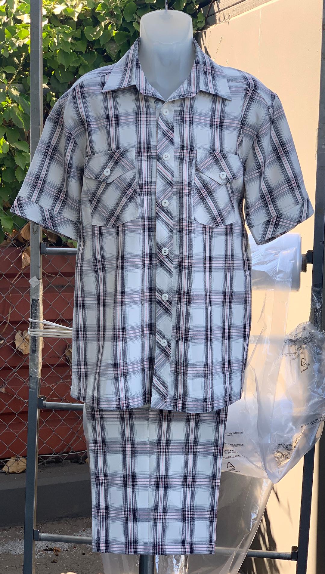 Crosshatch Checkered Dual Pocket Short Sleeve 2pc Walking Suit Shorts Set - Black