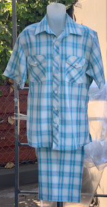 Crosshatch Checkered Dual Pocket Short Sleeve 2pc Walking Suit Shorts Set - Teal