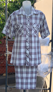 Crosshatch Checkered Dual Pocket Short Sleeve 2pc Walking Suit Shorts Set - Brown