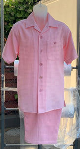 Vintage Grid Short Sleeve 2pc Walking Suit Shorts Set - Pink
