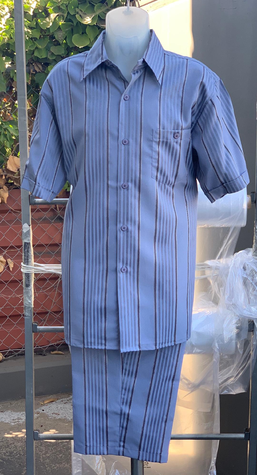Lemongrass Stripes Short Sleeve 2pc Walking Suit Shorts Set - Sky Blue