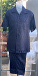 Shimmering Grid Short Sleeve 2pc Walking Suit Shorts Set - Navy Blue