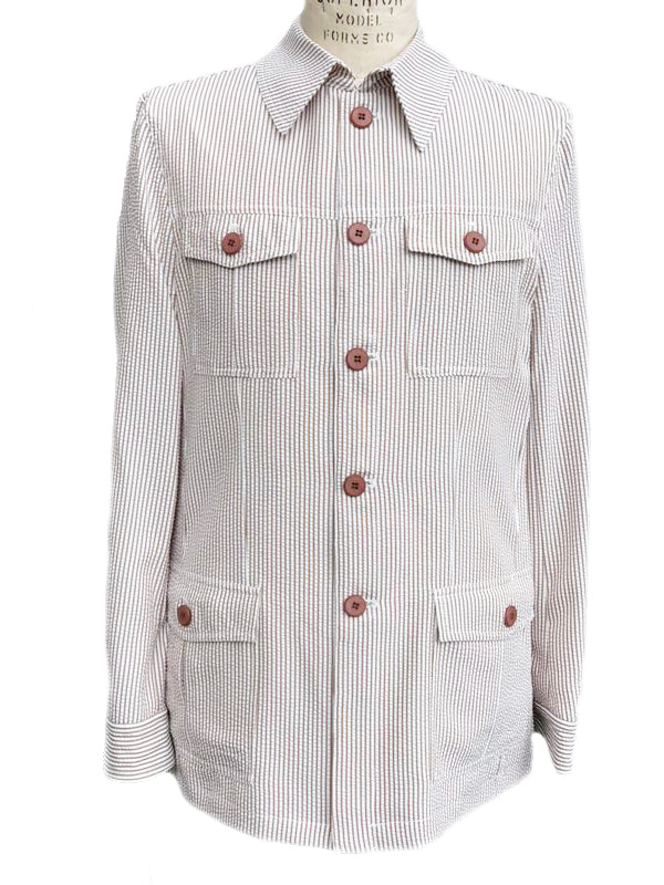 Seersucker Stripes Vintage Quad Pocket Long Sleeve 2pc Walking Suit Set - Brown