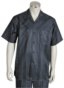 Cross Striped Short Sleeve 2pc Walking Suit Set - Charcoal