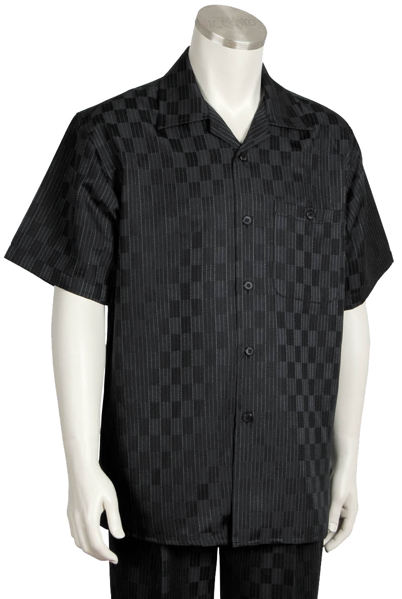 Checkered Short Sleeve 2pc Walking Suit Set - Black