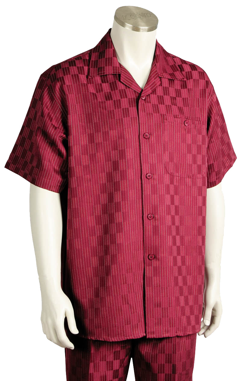 Checkered Short Sleeve 2pc Walking Suit Set - Red