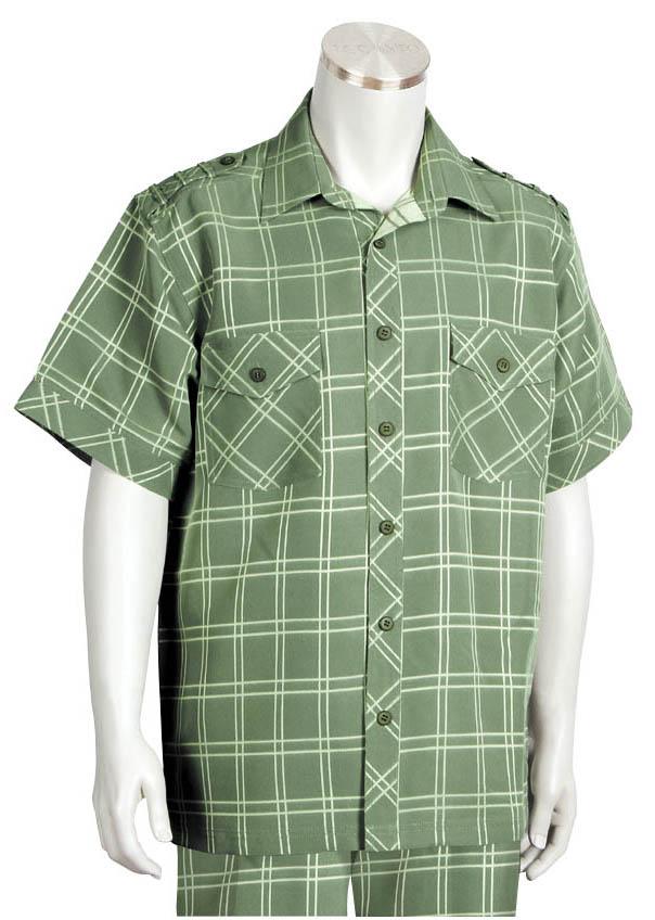 Tile Patterned Shoulder Accent Short Sleeve 2pc Walking Suit Set - Shamrock