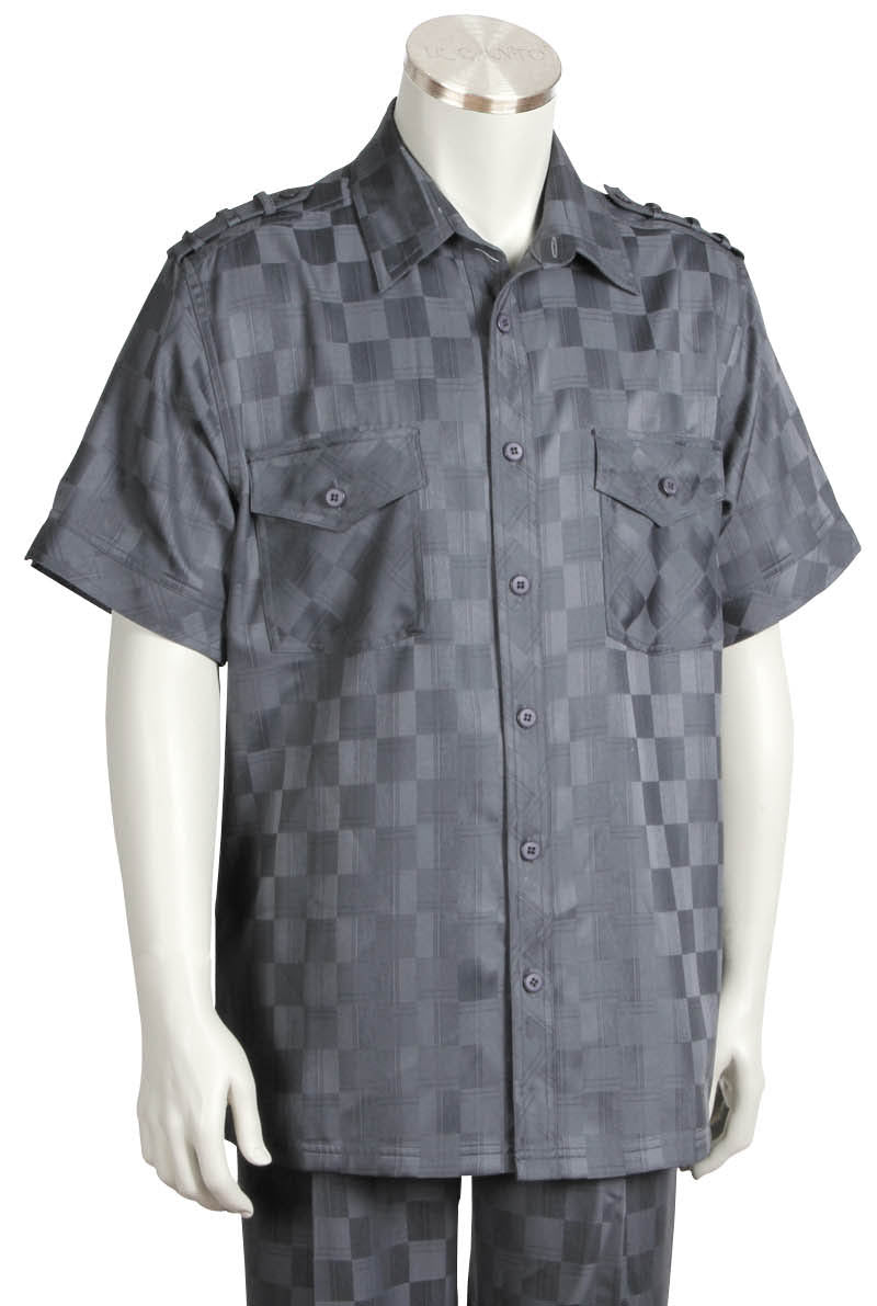 Checkered Shoulder Accent Short Sleeve 2pc Walking Suit Set - Charcoal