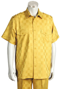 Checkered Shoulder Accent Short Sleeve 2pc Walking Suit Set - Gold