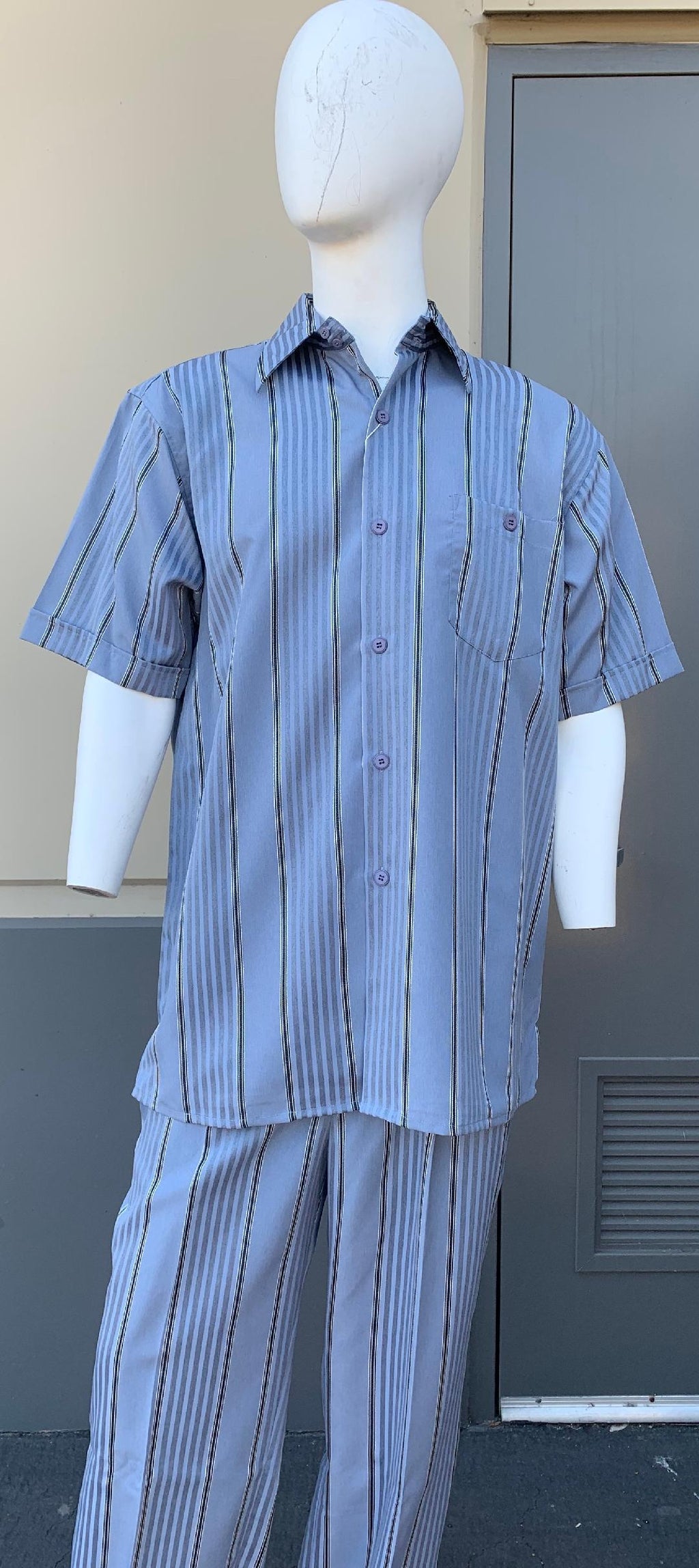 Lemongrass Stripes Short Sleeve 2pc Walking Suit Set - Sky Blue