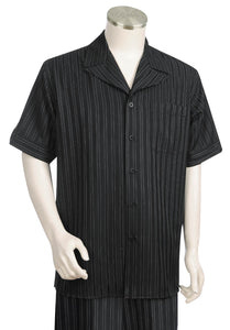 Eclipse Stripes Short Sleeve 2pc Walking Suit Set - Black