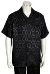 Shimmering Grid Short Sleeve 2pc Walking Suit Set - Black