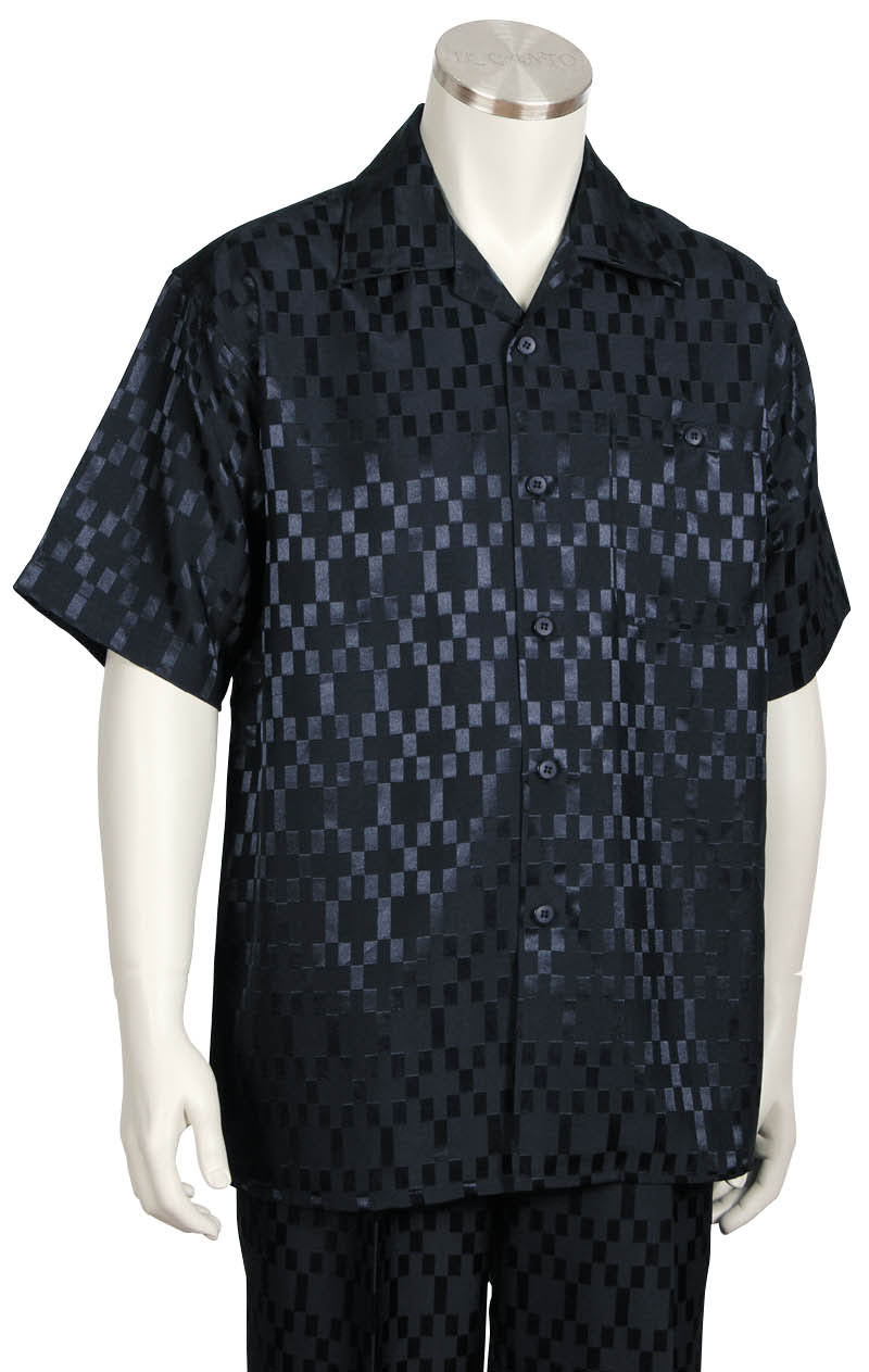 Shimmering Grid Short Sleeve 2pc Walking Suit Set - Navy Blue