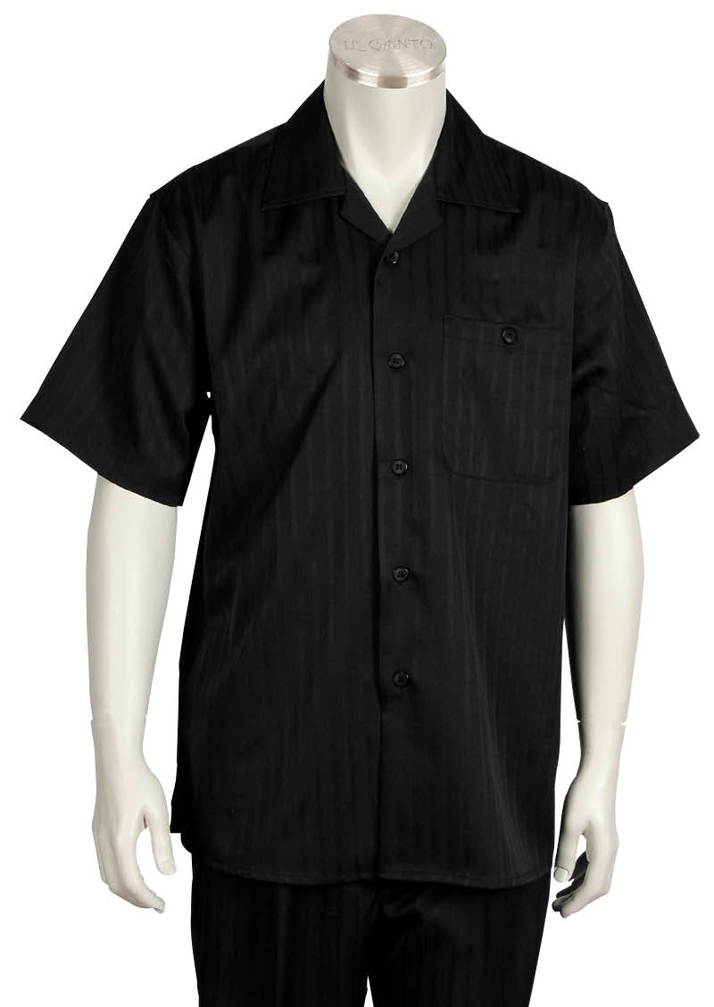Monotone Stripes Short Sleeve 2pc Walking Suit Set - Black