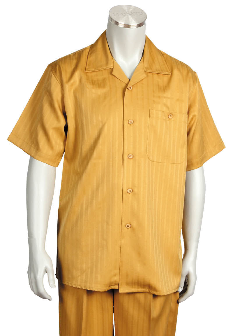Monotone Stripes Short Sleeve 2pc Walking Suit Set - Gold