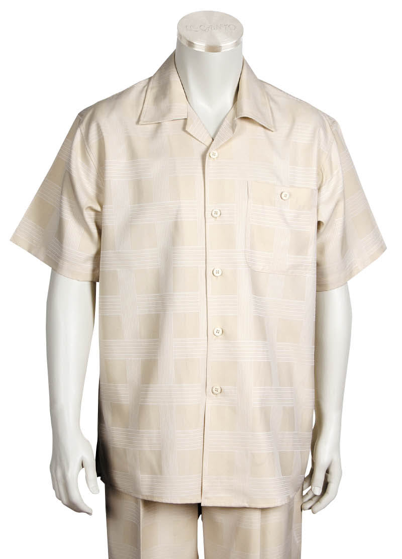 Vintage Squares Short Sleeve 2pc Walking Suit Set - Tan