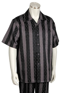 Speckled Stripes Short Sleeve 2pc Walking Suit Set - Grey/Black