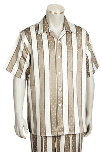 Speckled Stripes Short Sleeve 2pc Walking Suit Set - Taupe