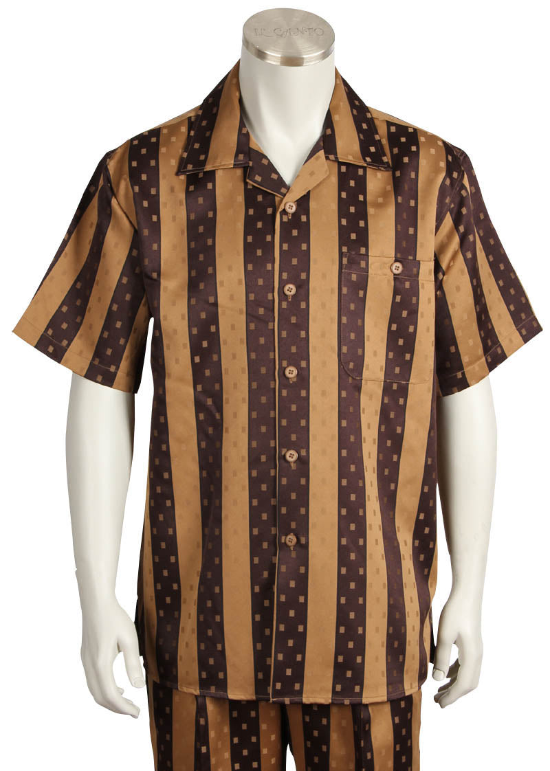 Speckled Stripes Short Sleeve 2pc Walking Suit Set - Brown