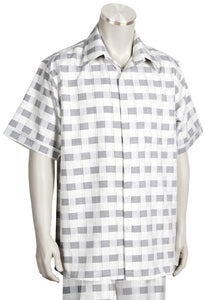 Offset Stitch Grids Short Sleeve 2pc Walking Suit Set - Gray