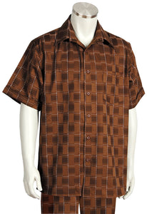 Offset Stitch Grids Short Sleeve 2pc Walking Suit Set - Brown