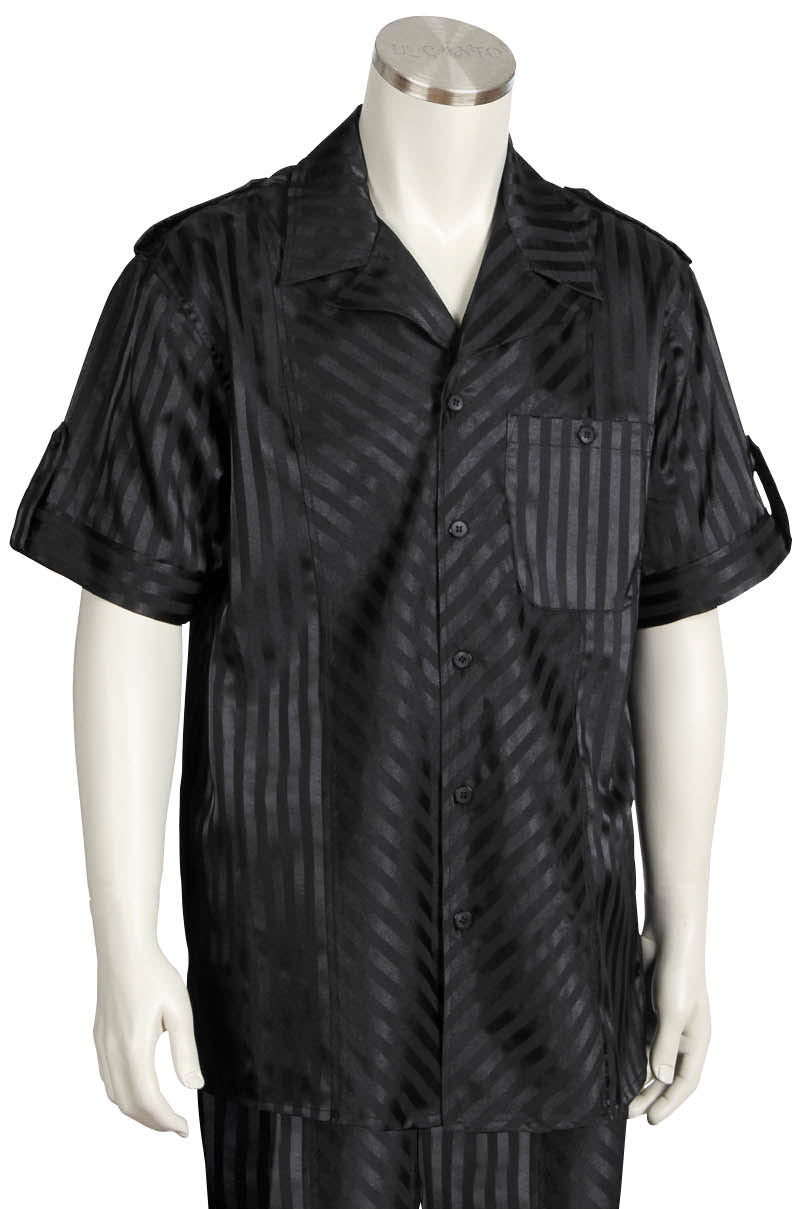 Cross Stripes Short Sleeve 2pc Walking Suit Set - Black