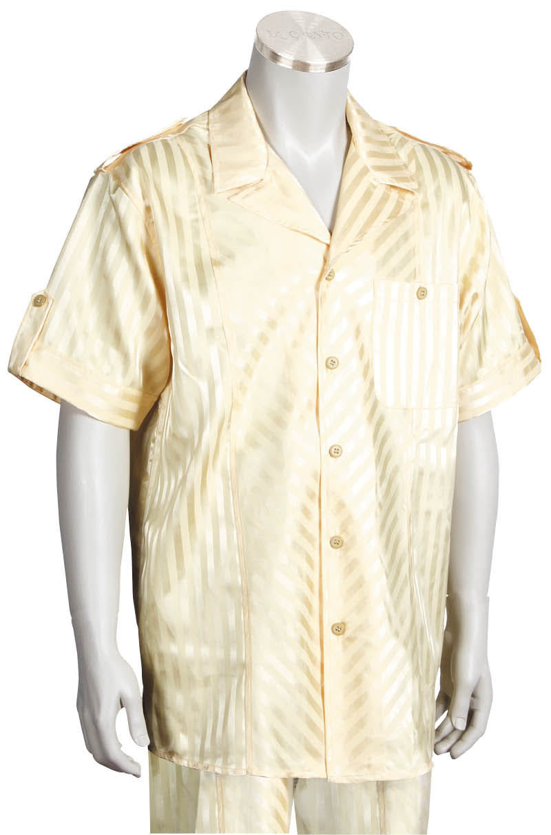 Cross Stripes Short Sleeve 2pc Walking Suit Set - Yellow