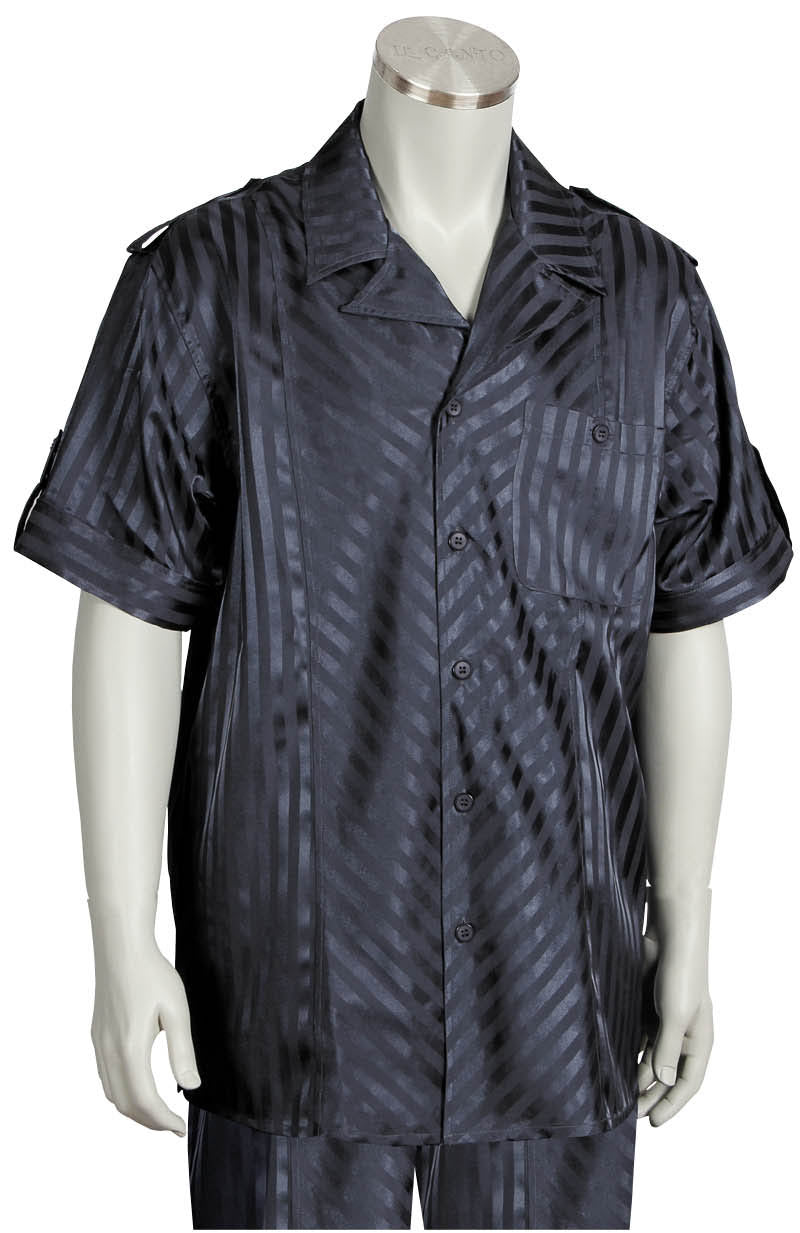 Cross Stripes Short Sleeve 2pc Walking Suit Set - Charcoal