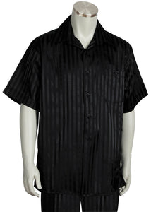 Ombre Stripes Short Sleeve 2pc Walking Suit Set - Black