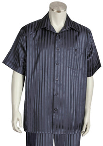 Ombre Stripes Short Sleeve 2pc Walking Suit Set - Charcoal