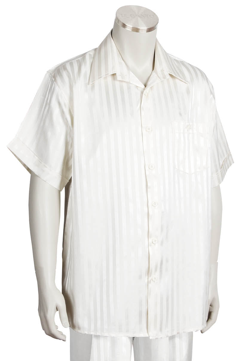 Ombre Stripes Short Sleeve 2pc Walking Suit Set - Off White